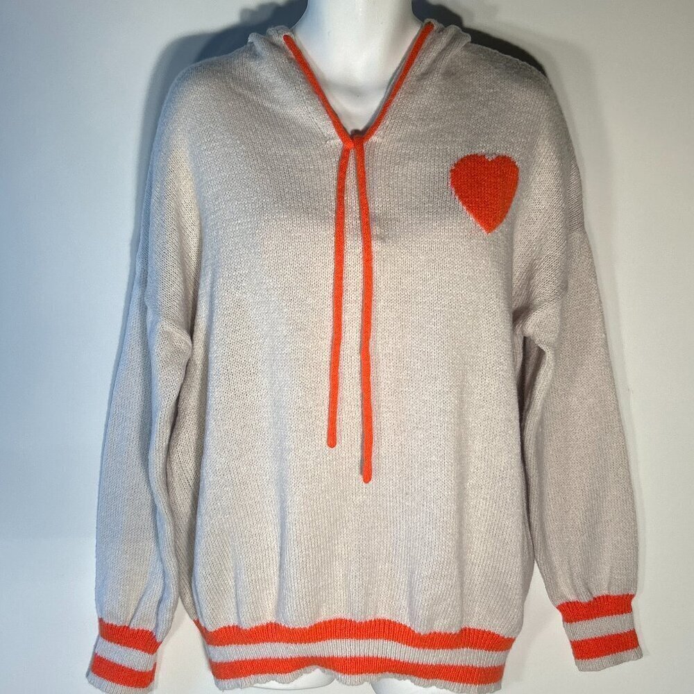 Orange Heart Pale Gray XXL Sweater Relaxed Hooded Novelty Street Style Comfy Y2K